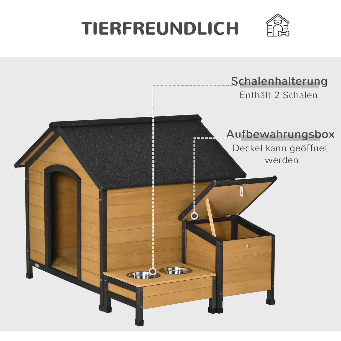 Insulated wooden doghouse, weatherproof with bowls