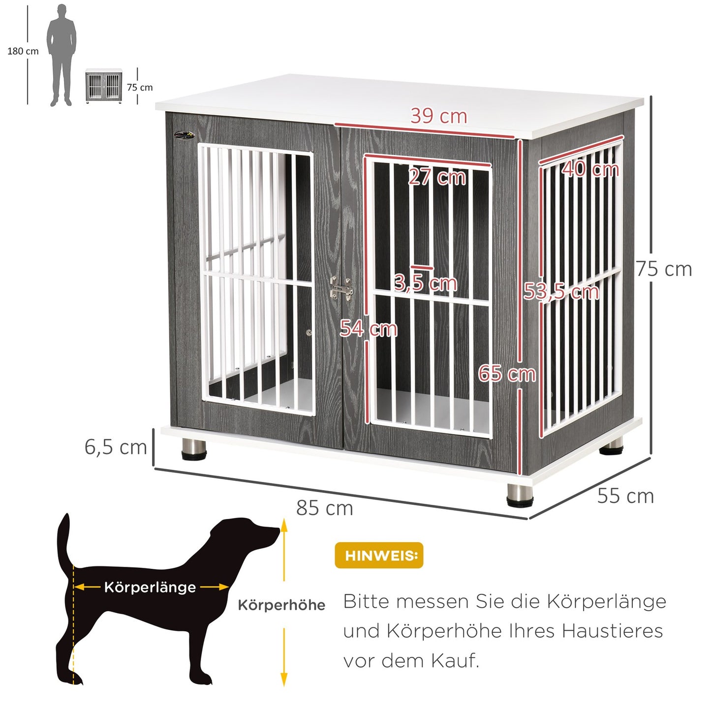 Wooden dog kennel with cushion and table top, grey/white 85x55x75cm