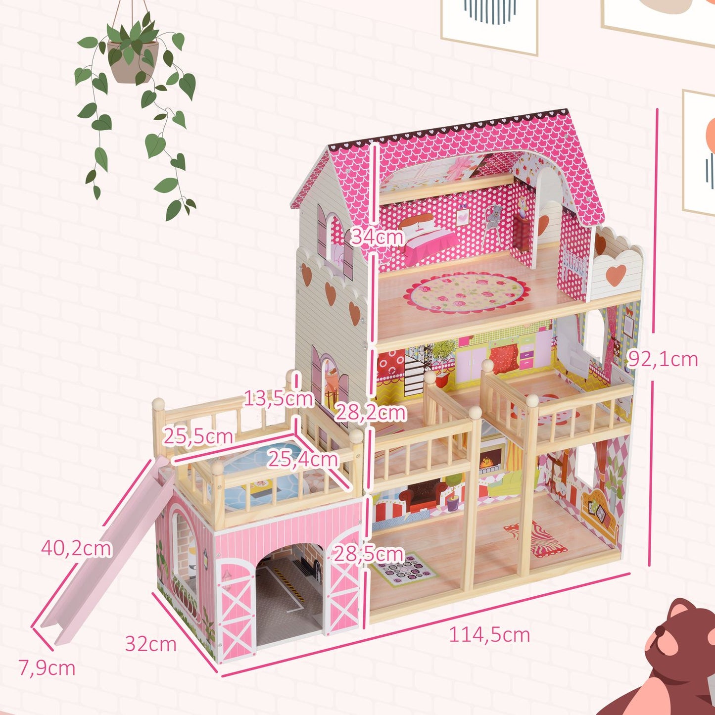 Wooden dollhouse with furniture, garage, slides and balcony