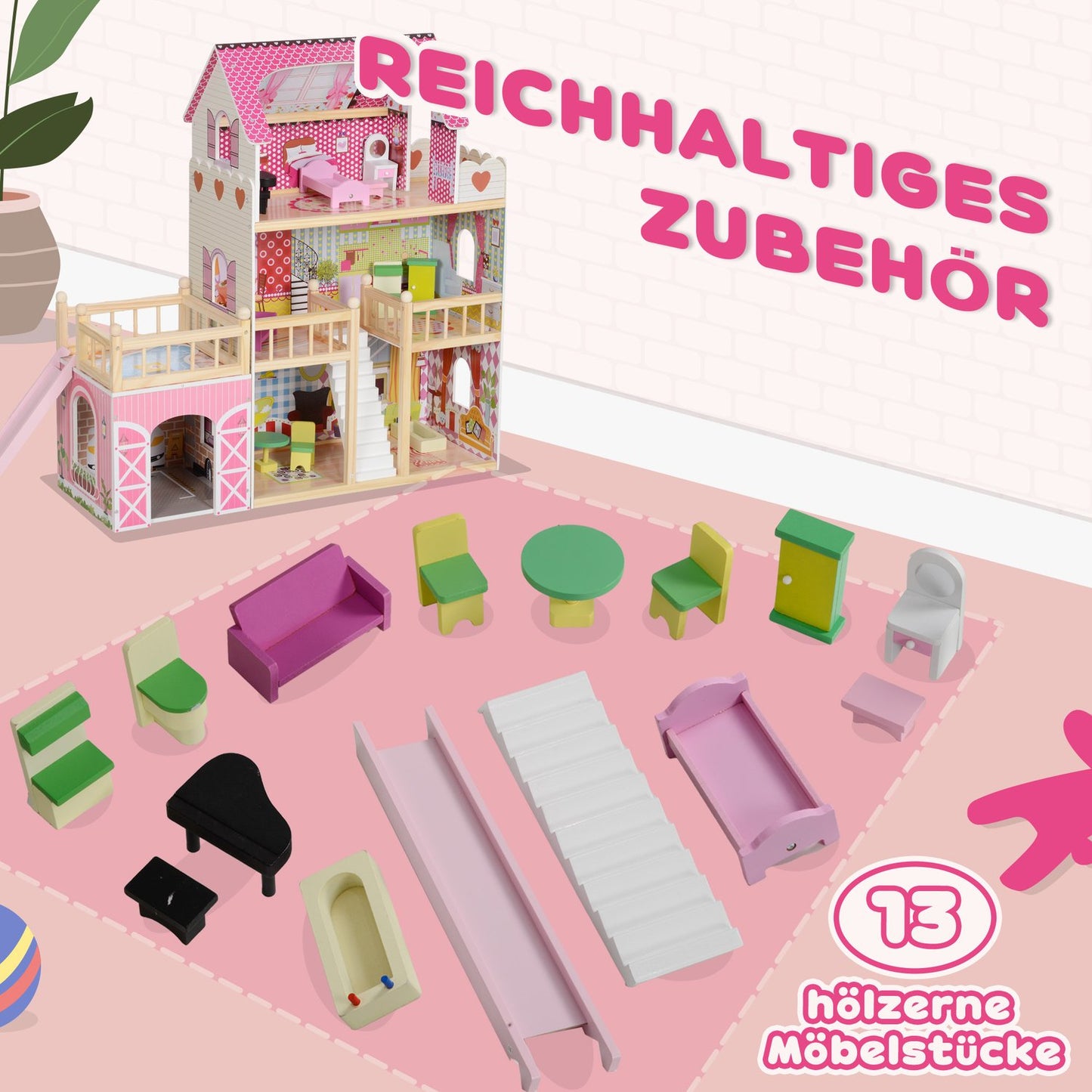 Wooden dollhouse with furniture, garage, slides and balcony