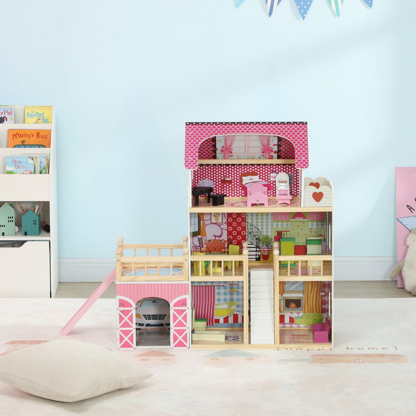 Wooden dollhouse with furniture, garage, slides and balcony