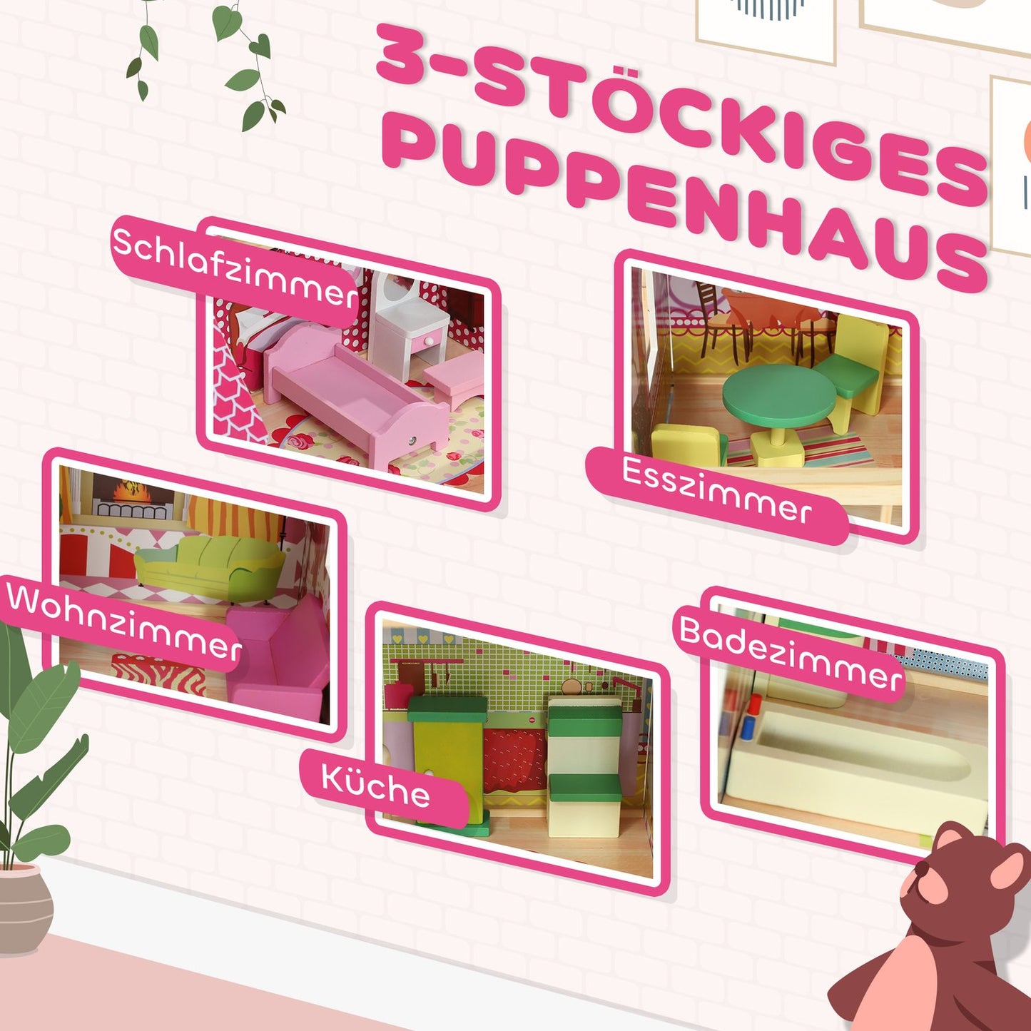 Wooden dollhouse with furniture, garage, slides and balcony