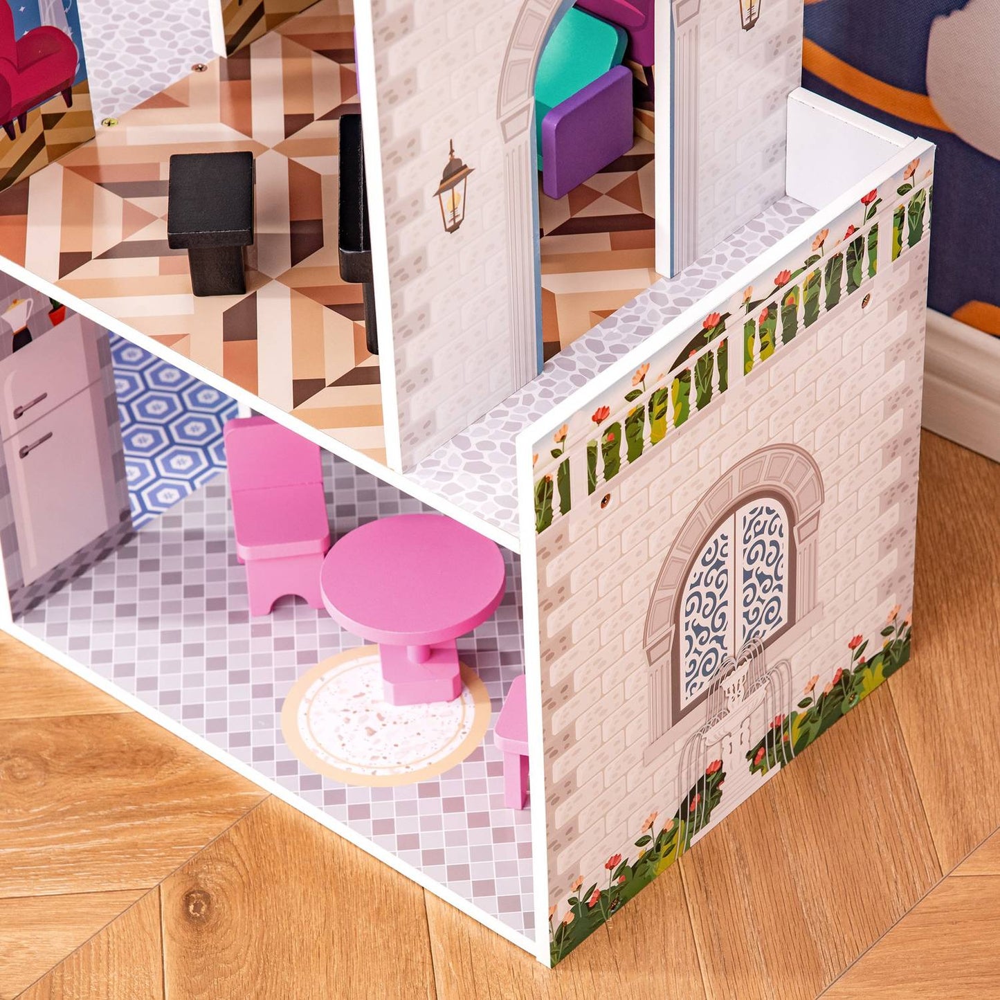 Wooden dollhouse with furniture, 3 floors, pink, 60x29x85cm