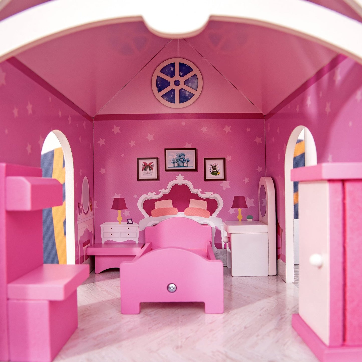 Wooden dollhouse with furniture, 3 floors, pink, 60x29x85cm