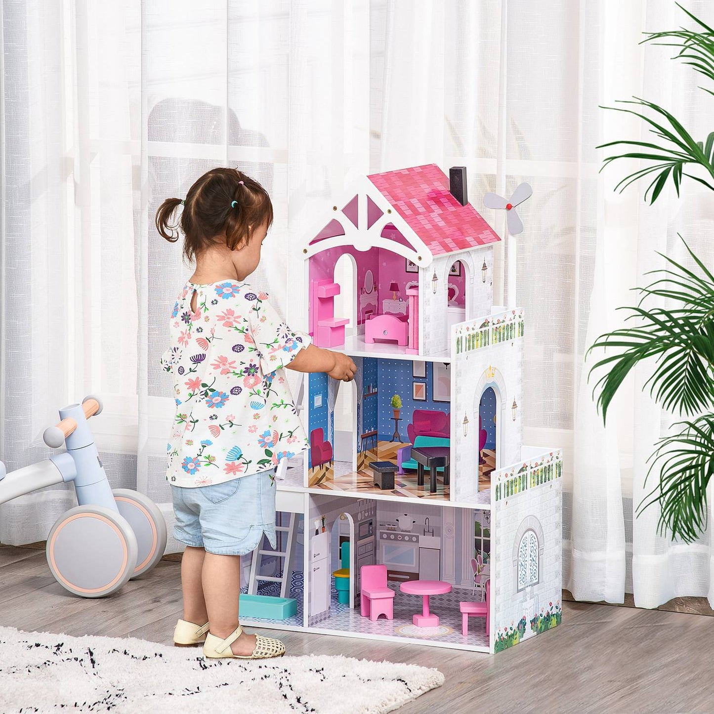 Wooden dollhouse with furniture, 3 floors, pink, 60x29x85cm