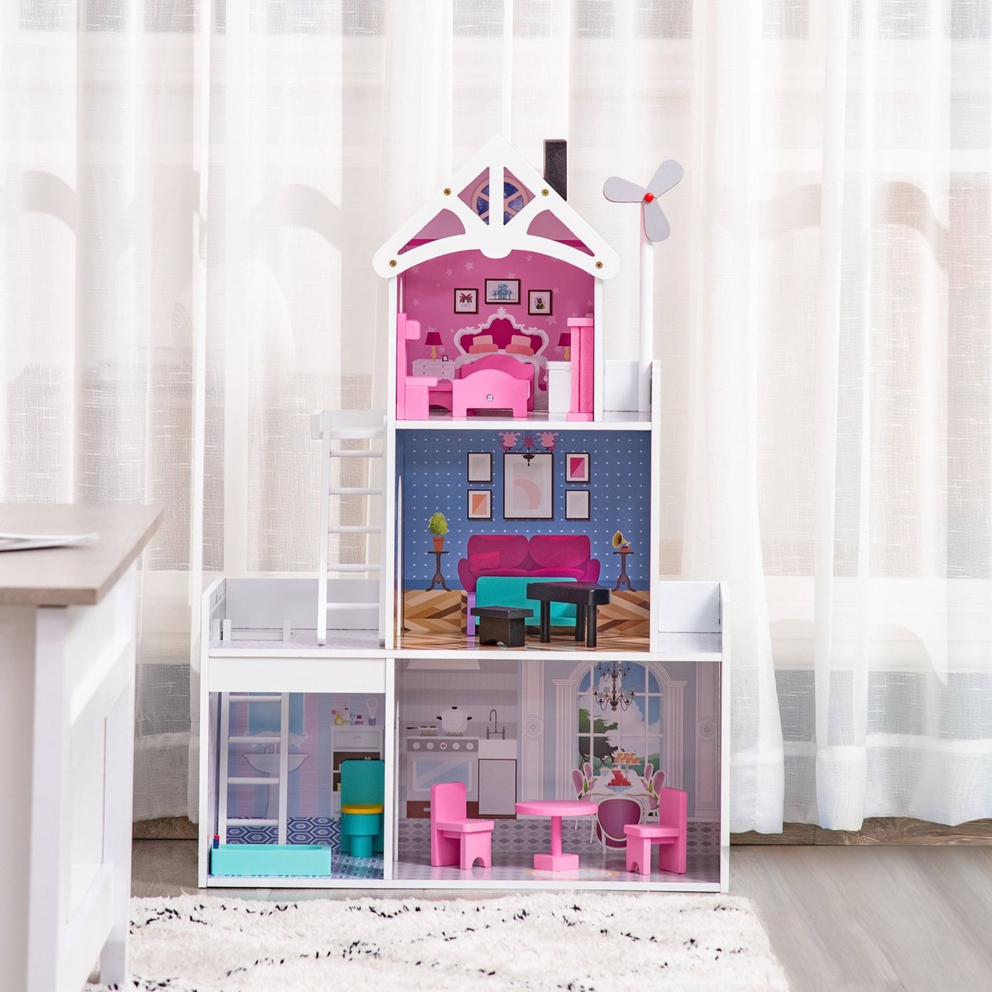 Wooden dollhouse with furniture, 3 floors, pink, 60x29x85cm