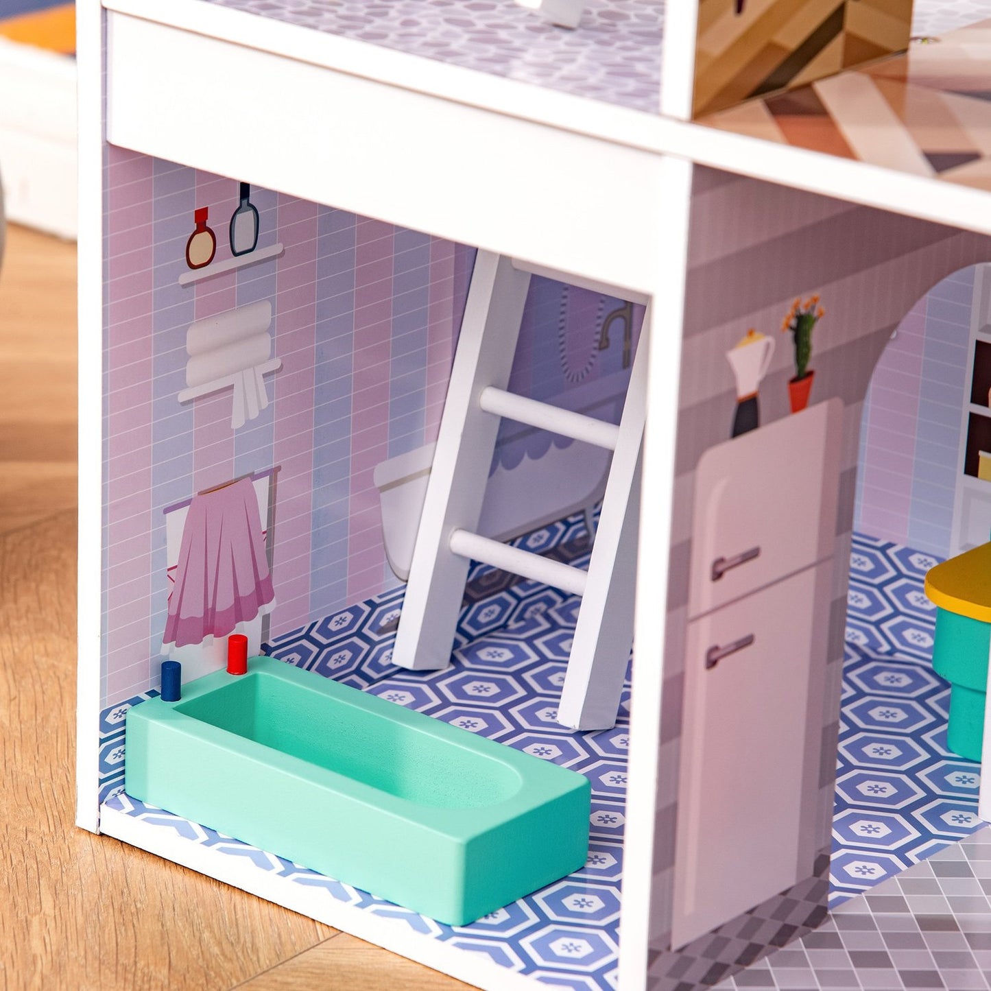 Wooden dollhouse with furniture, 3 floors, pink, 60x29x85cm