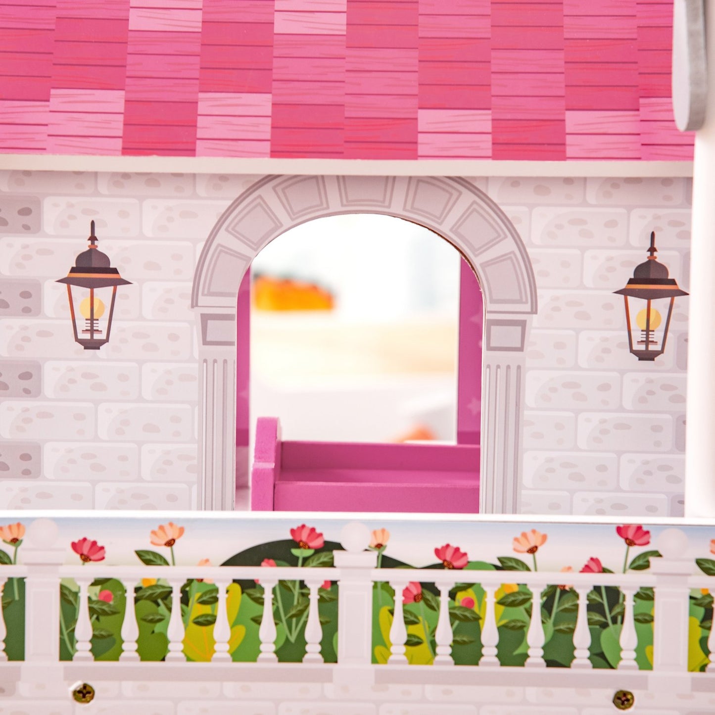 Wooden dollhouse with furniture, 3 floors, pink, 60x29x85cm