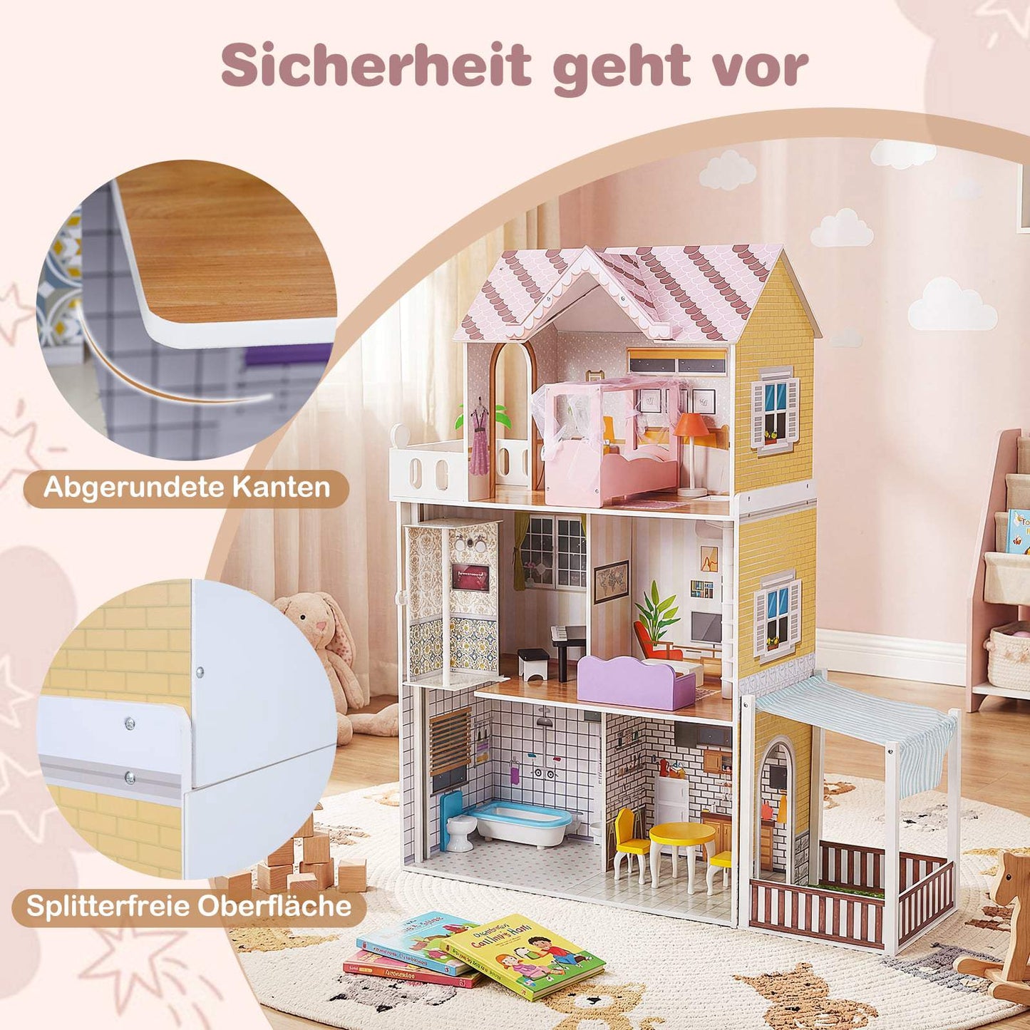 Wooden Dollhouse for Kids, 3-Story Pink Playhouse