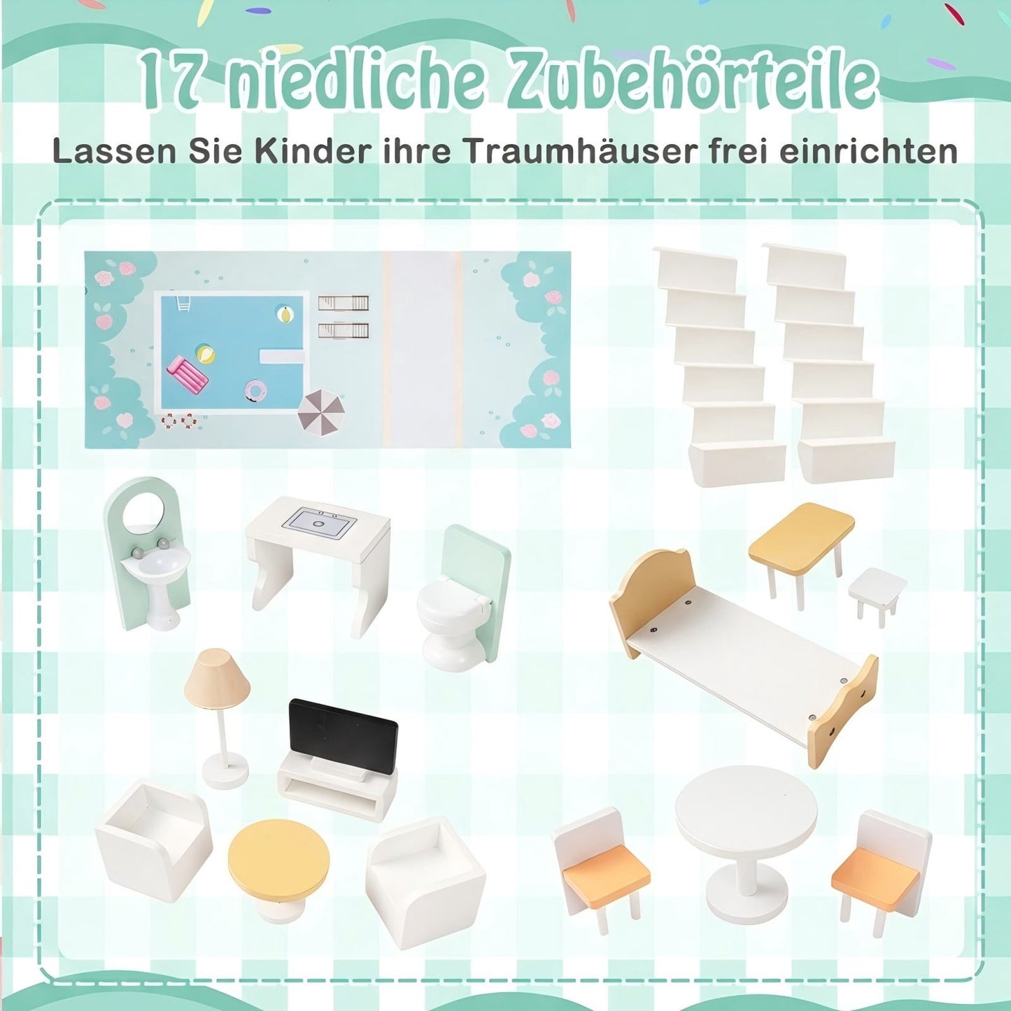 Wooden Dollhouse with 17-Piece Furniture Set, 3 Floors