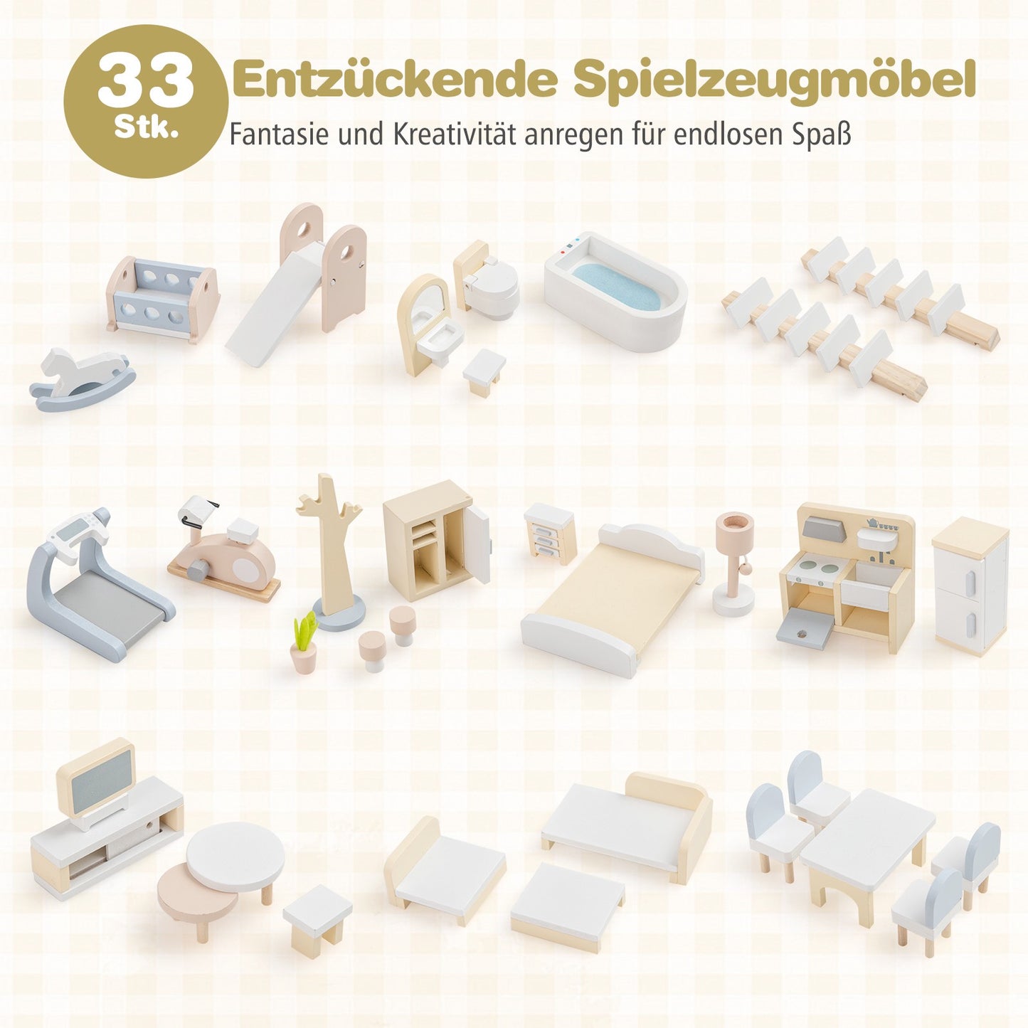 Wooden Dollhouse with 33 Furniture Pieces, Balcony & Pool