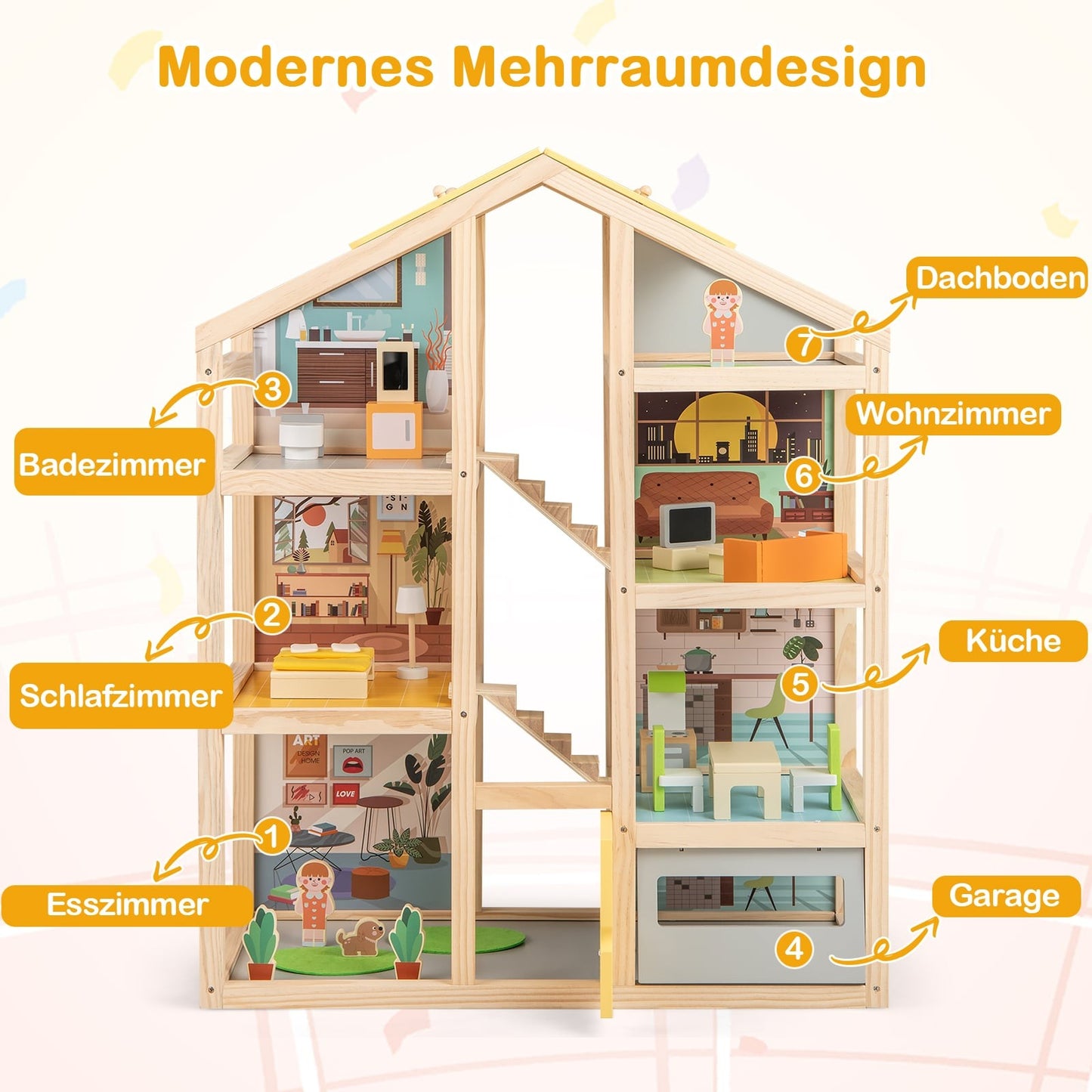 Wooden Dollhouse with Furniture & Figures, Multi-Room Design