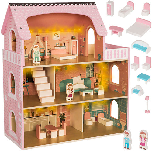 Wooden Dollhouse with LED Lights, 3 Levels, Furniture Included