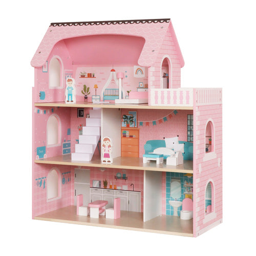 Wooden Dollhouse with LED Lights, 3 Levels, Furniture Included