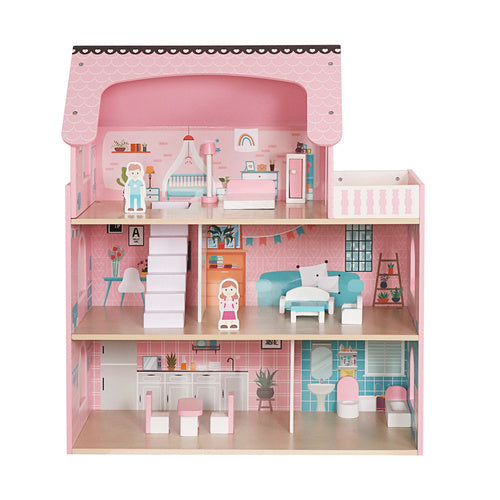 Wooden Dollhouse with LED Lights, 3 Levels, Furniture Included