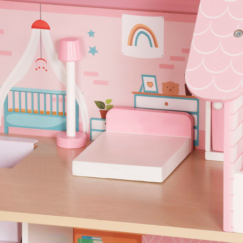 Wooden Dollhouse with LED Lights, 3 Levels, Furniture Included