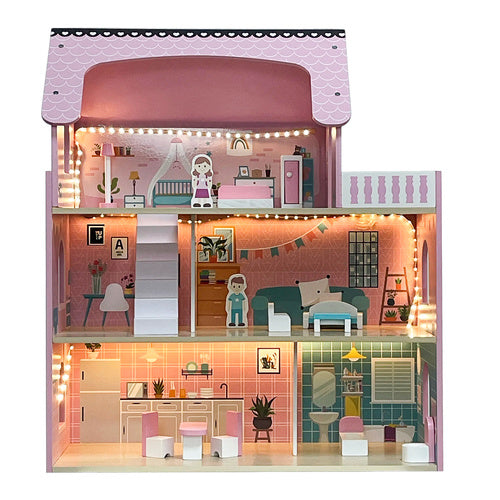 Wooden Dollhouse with LED Lights, 3 Levels, Furniture Included