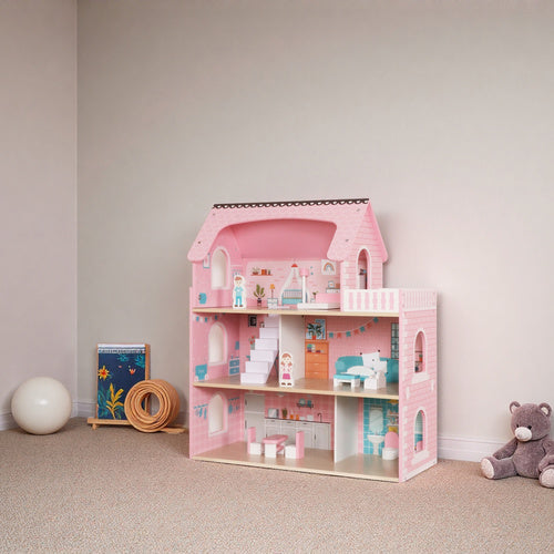 Wooden Dollhouse with LED Lights, 3 Levels, Furniture Included