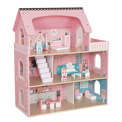 Wooden Dollhouse with LED Lights, 3 Levels, Furniture Included