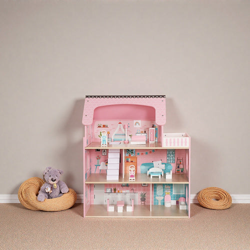 Wooden Dollhouse with LED Lights, 3 Levels, Furniture Included