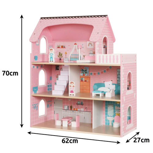 Wooden Dollhouse with LED Lights, 3 Levels, Furniture Included