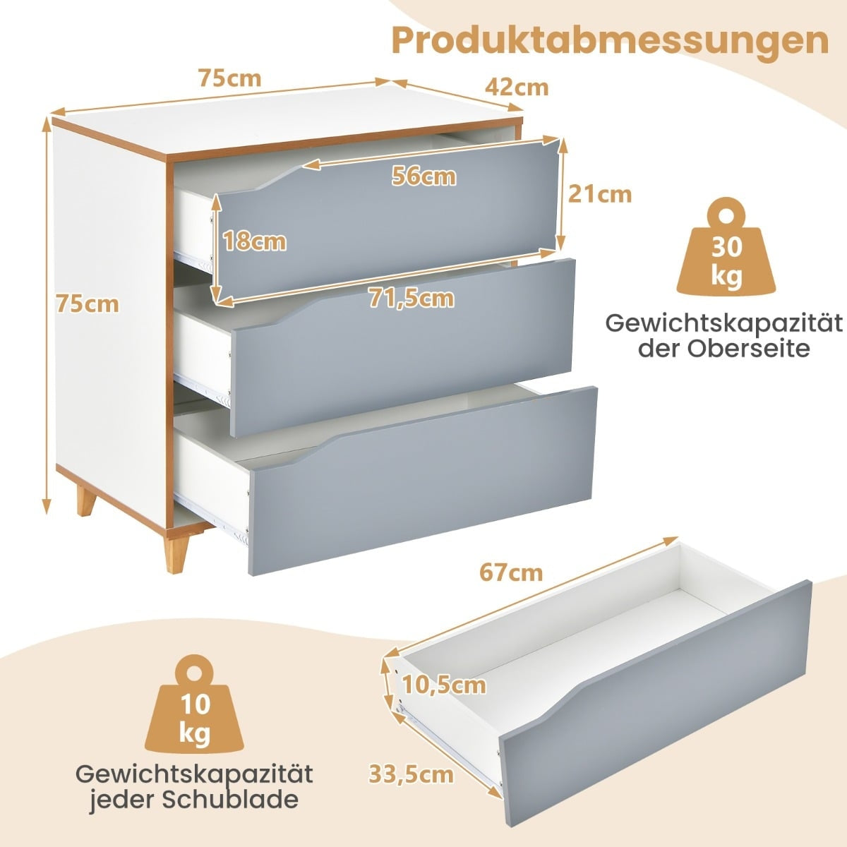 Wooden Drawer Sideboard, Grey, 75x42x75 cm, Bedroom Storage