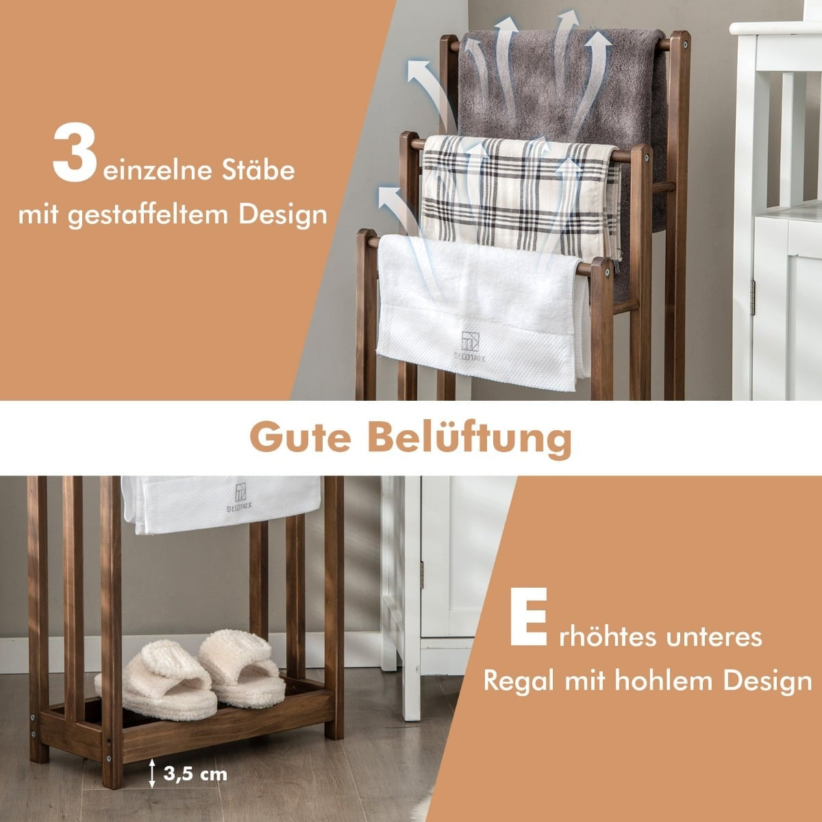 Wooden Freestanding Towel Rack, 3-Tier with Shelf, Brown