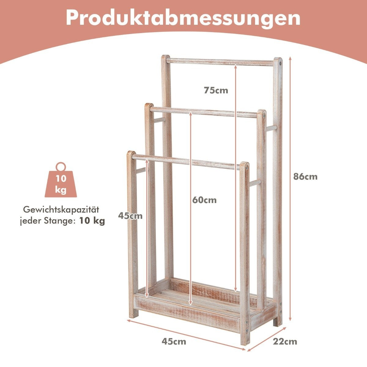 Wooden Freestanding Towel Rack with 3 Bars & Shelf