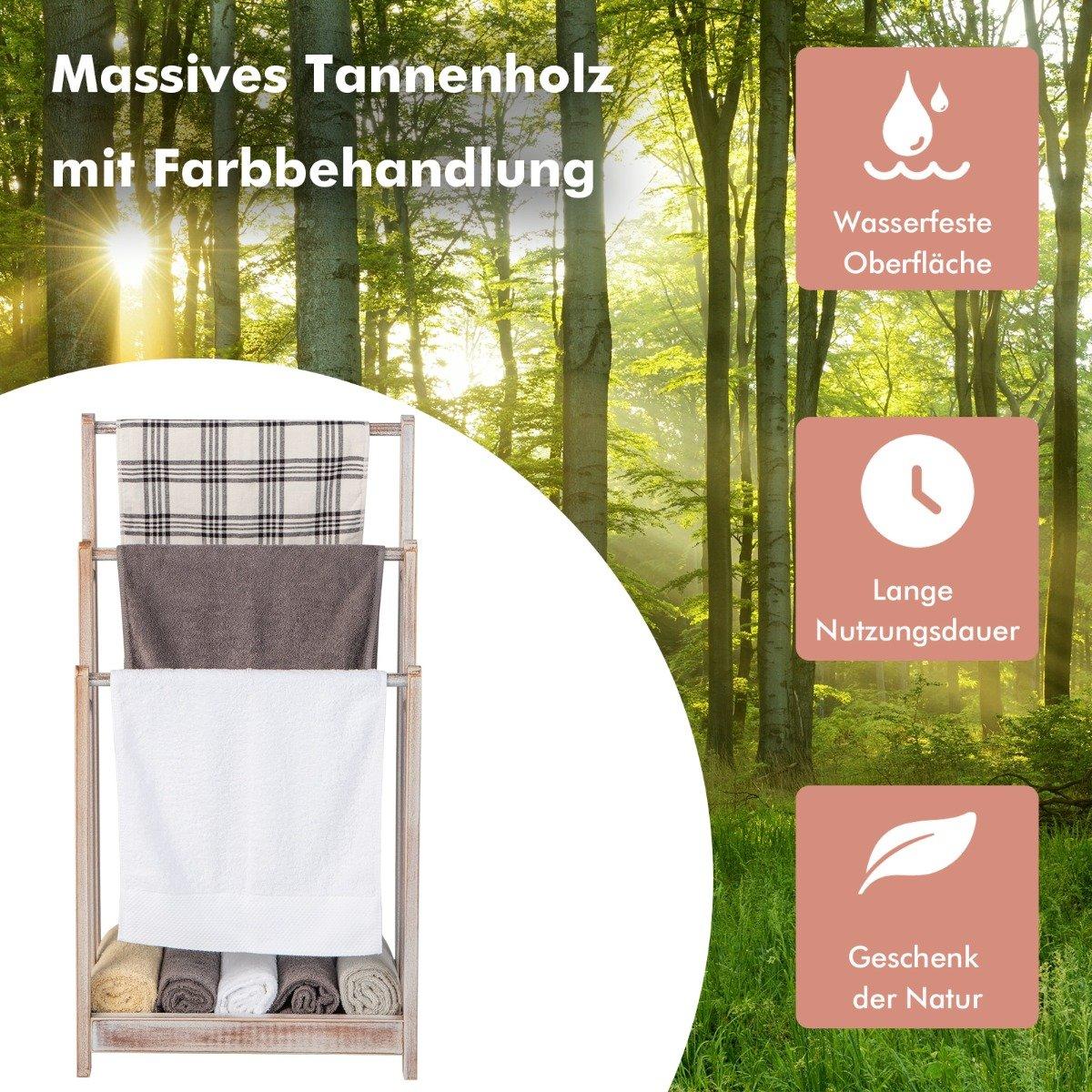 Wooden Freestanding Towel Rack with 3 Bars & Shelf