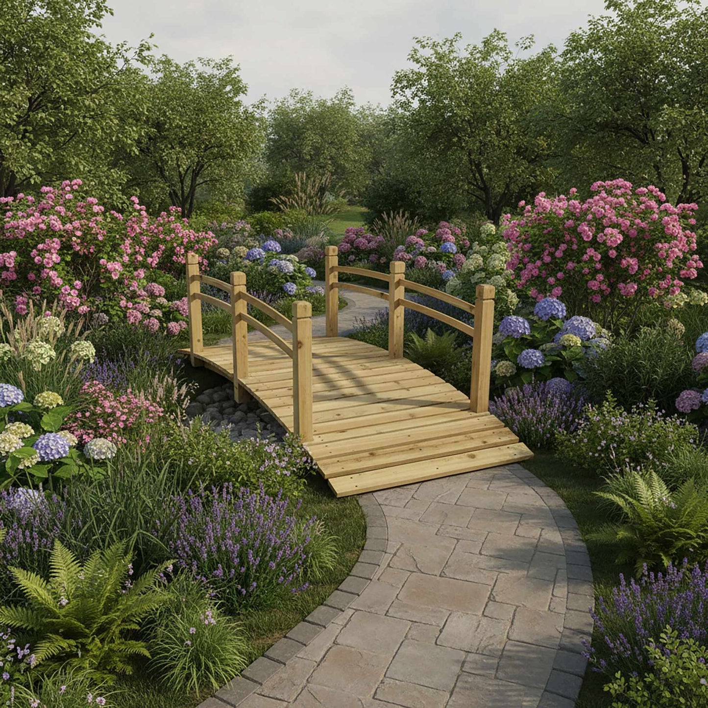 Wooden Garden Bridge with Arch and Railing