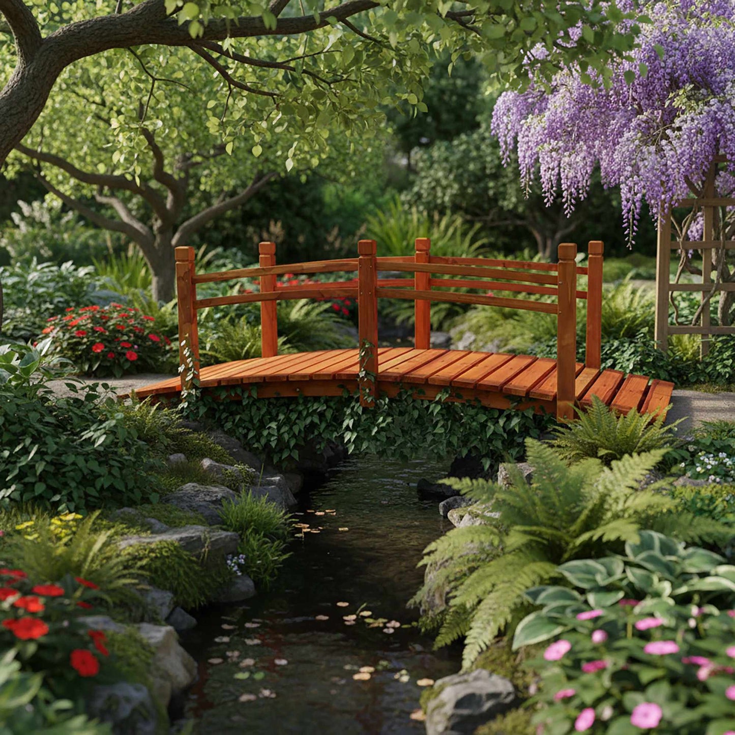 Wooden Garden Bridge with Arch and Railing