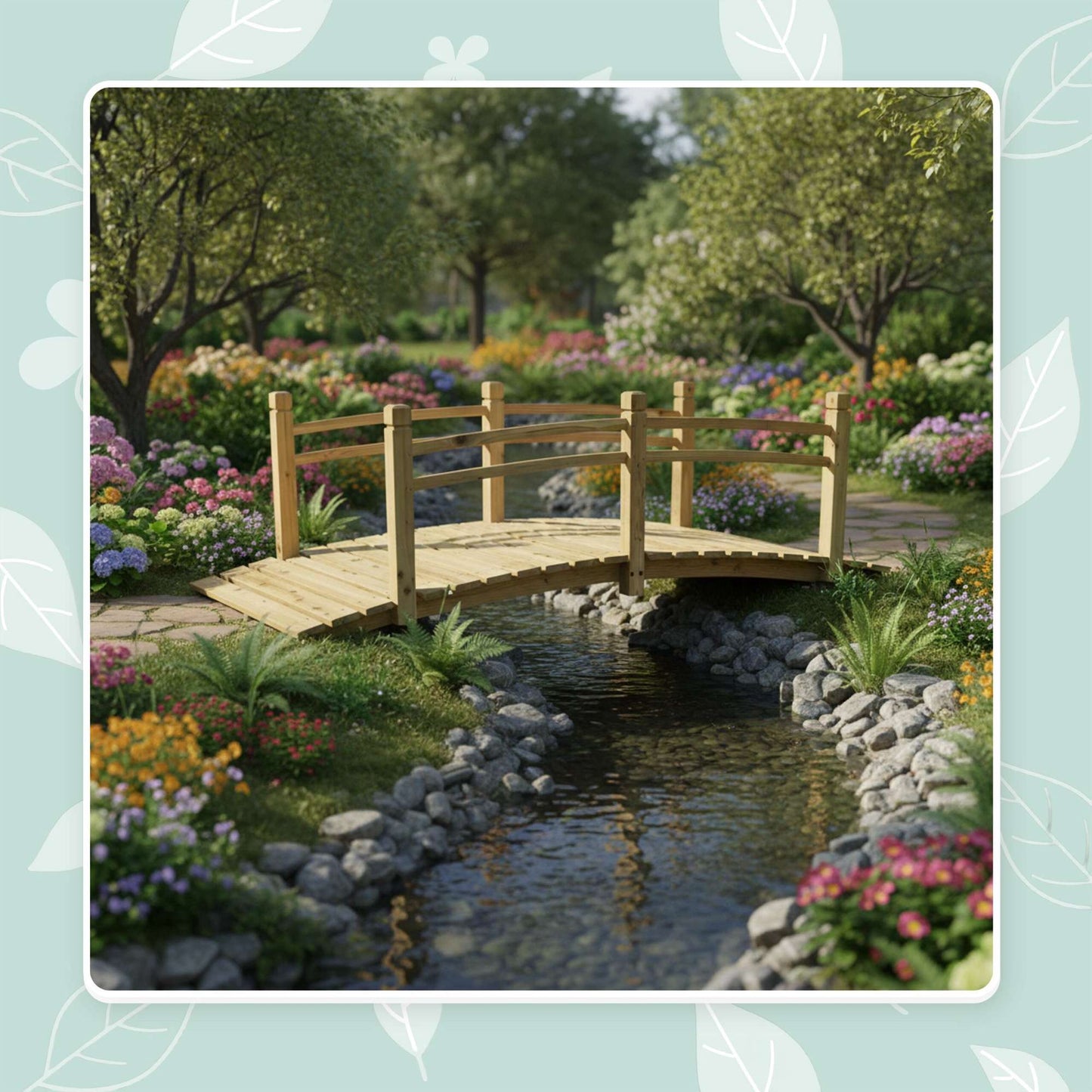 Wooden Garden Bridge with Arch and Railing