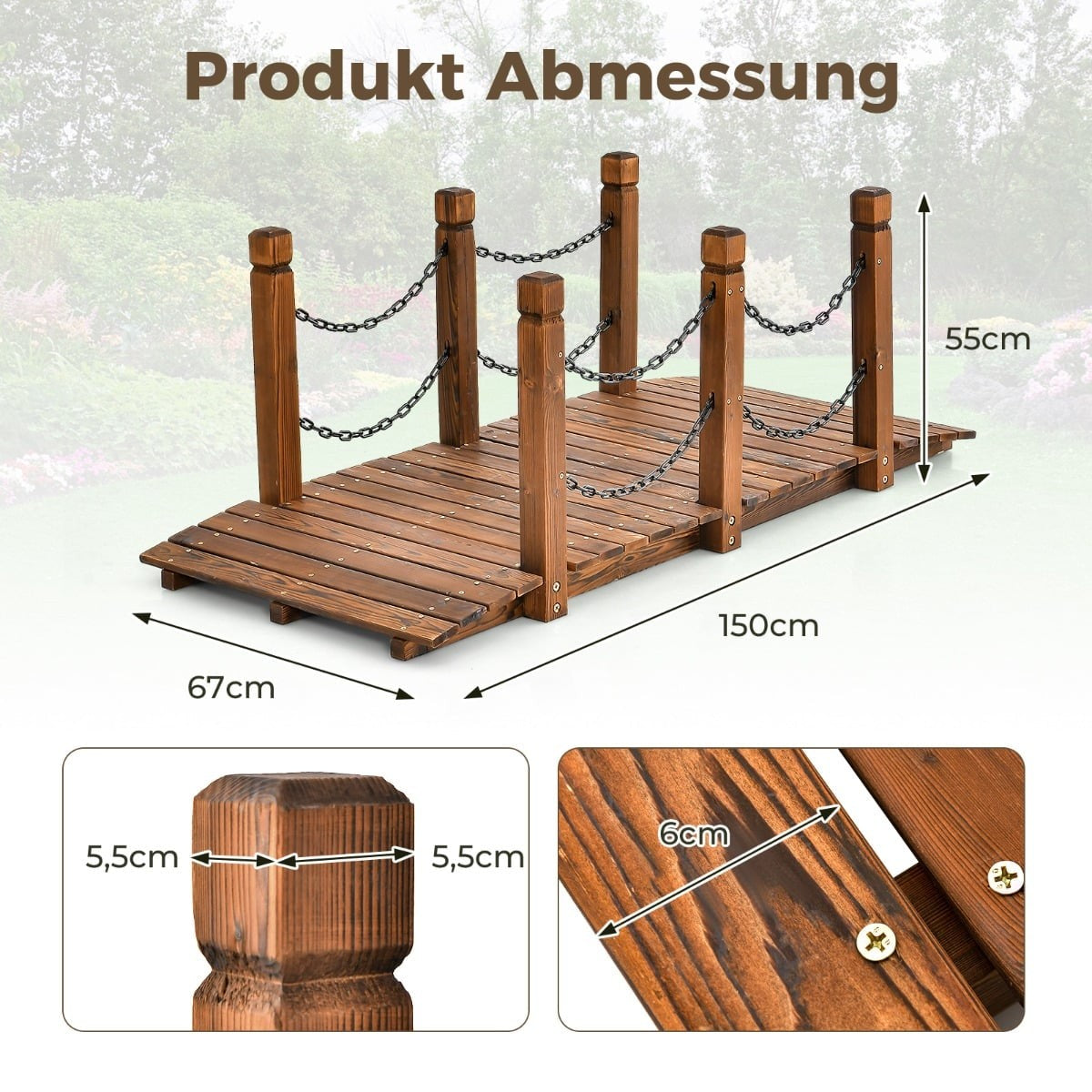 Wooden Garden Bridge with Railing, Spruce, 80 kg Capacity