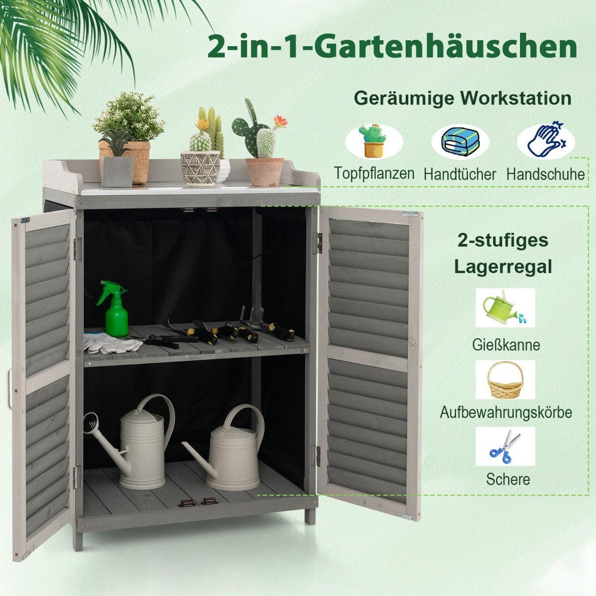 Wooden Garden Cabinet with Metal Top & 2 Shelves, Grey