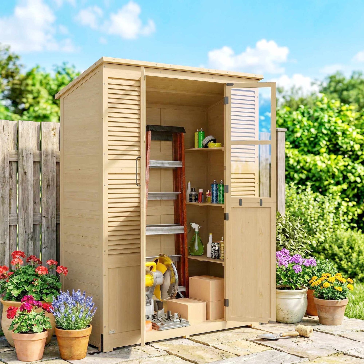 Wooden Garden Shed with Shelves, Double Doors, 147x68x198cm