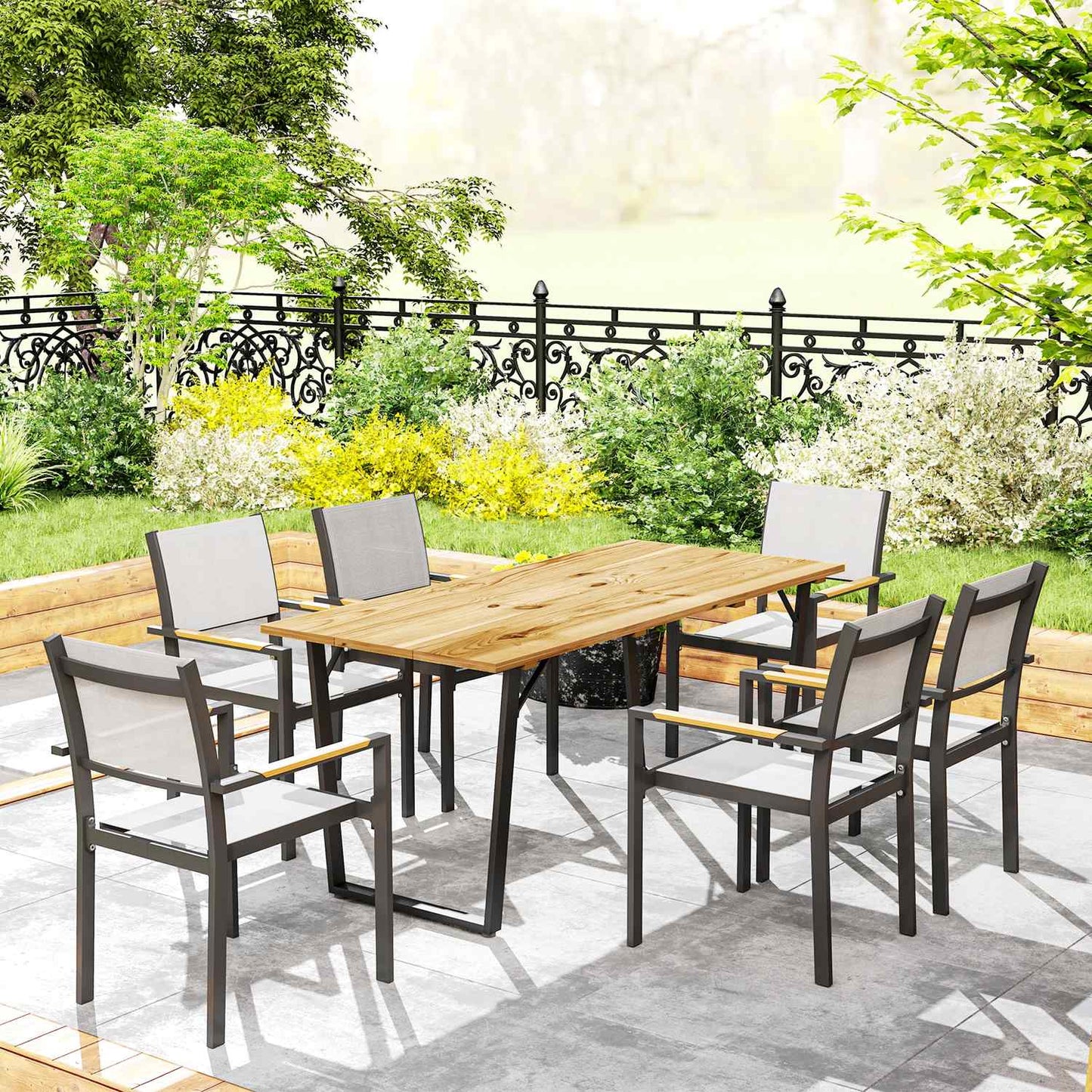 Weather-resistant wooden dining table, 175x80 cm with umbrella hole
