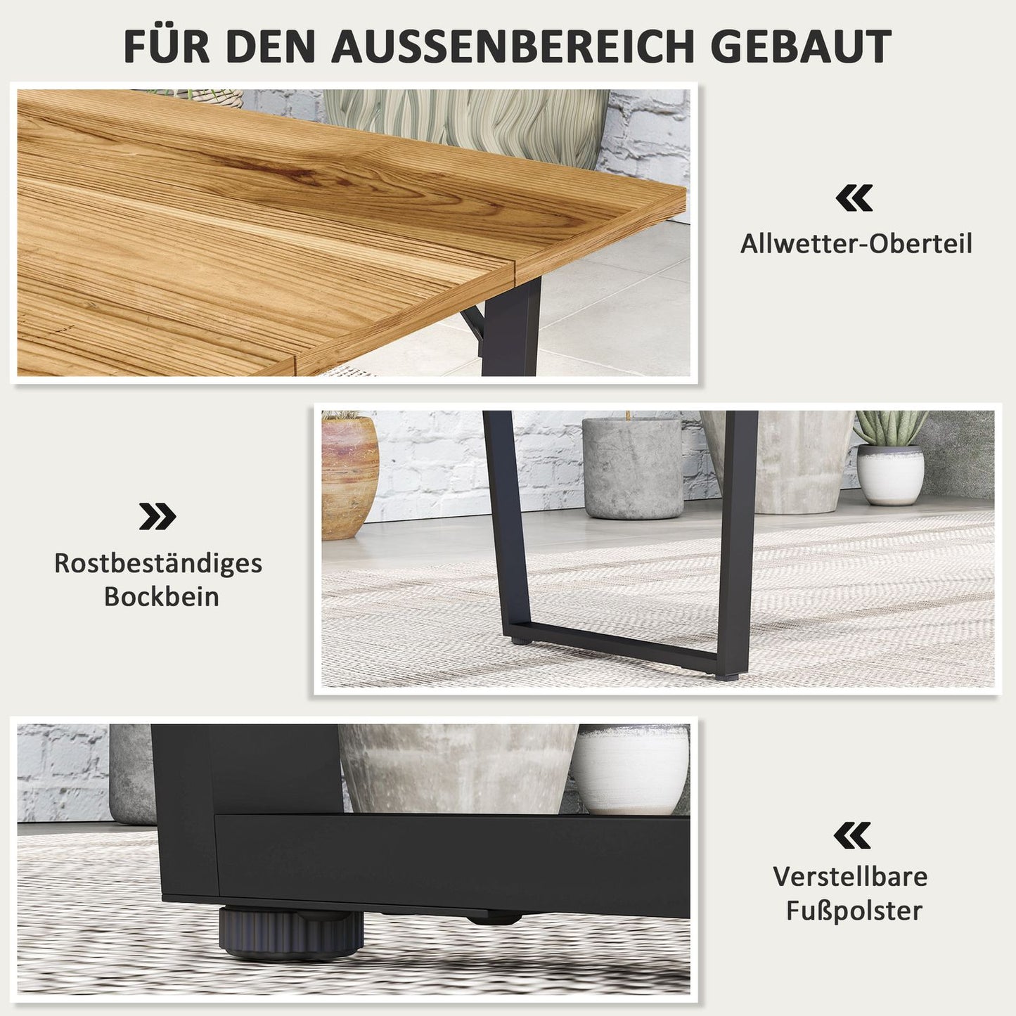 Weather-resistant wooden dining table, 175x80 cm with umbrella hole