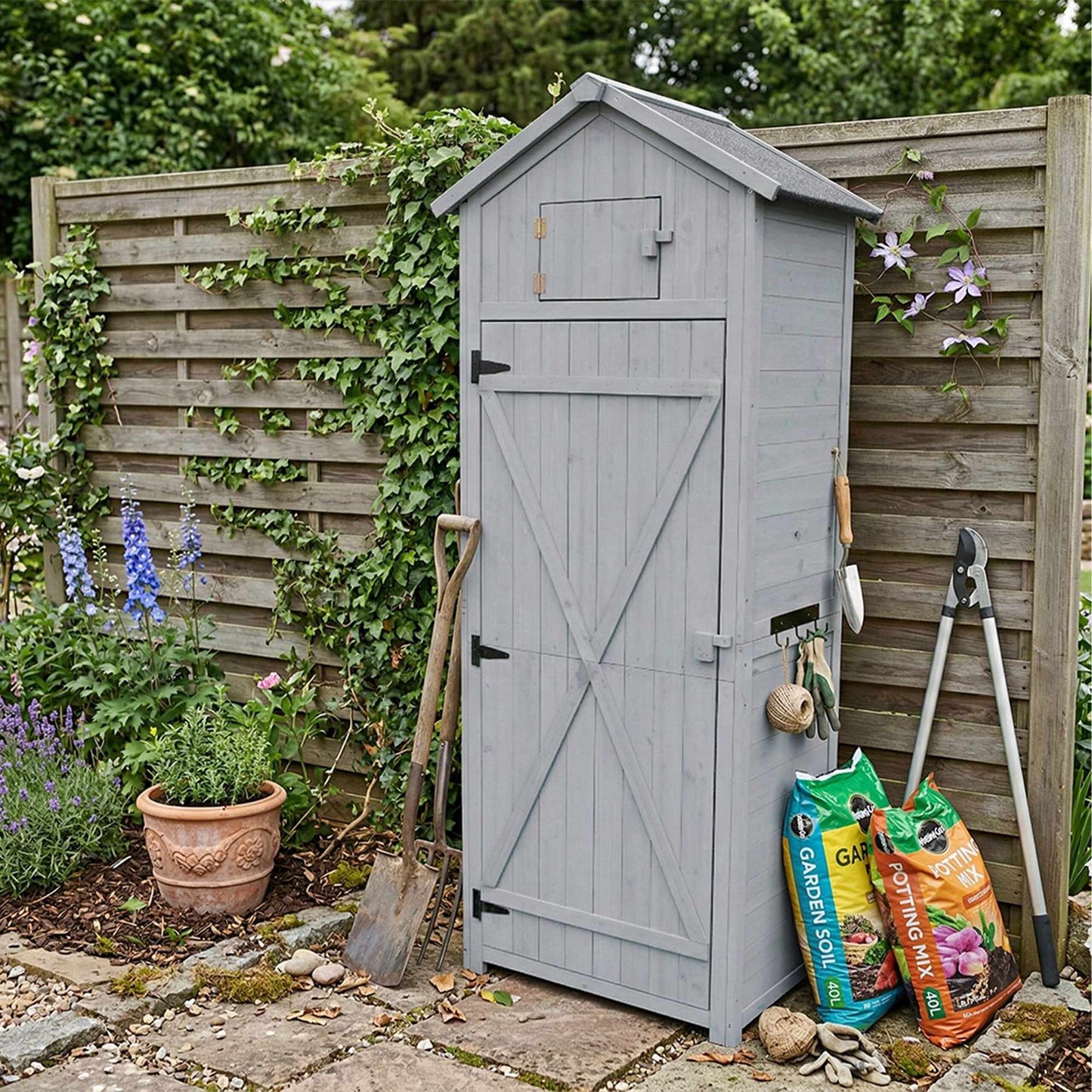 Wooden Garden Tool Shed with Shelves and Weatherproof Roof
