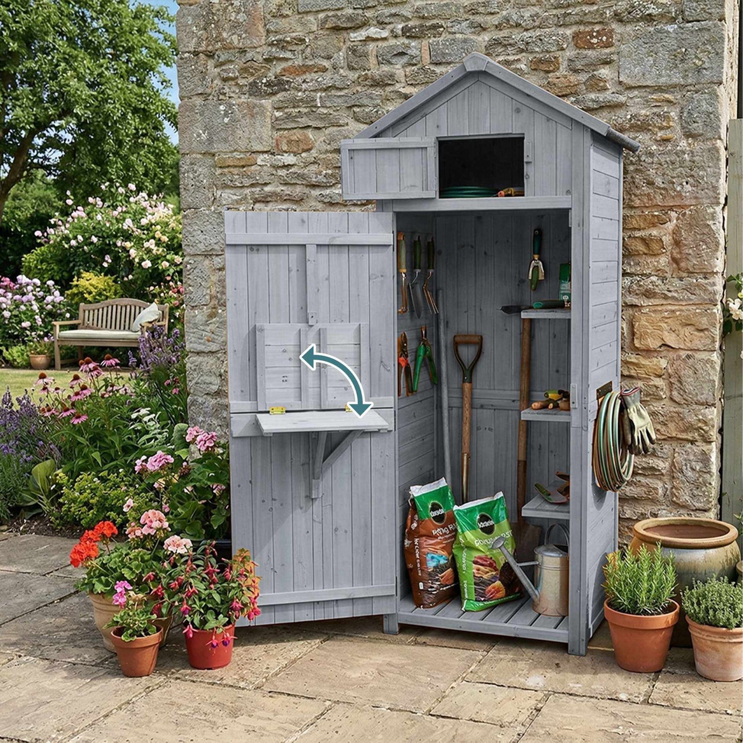 Wooden Garden Tool Shed with Shelves and Weatherproof Roof