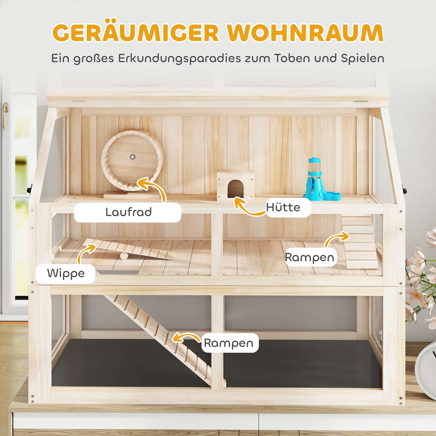 Wooden Hamster Cage, 3 Levels, 95x53x76 cm