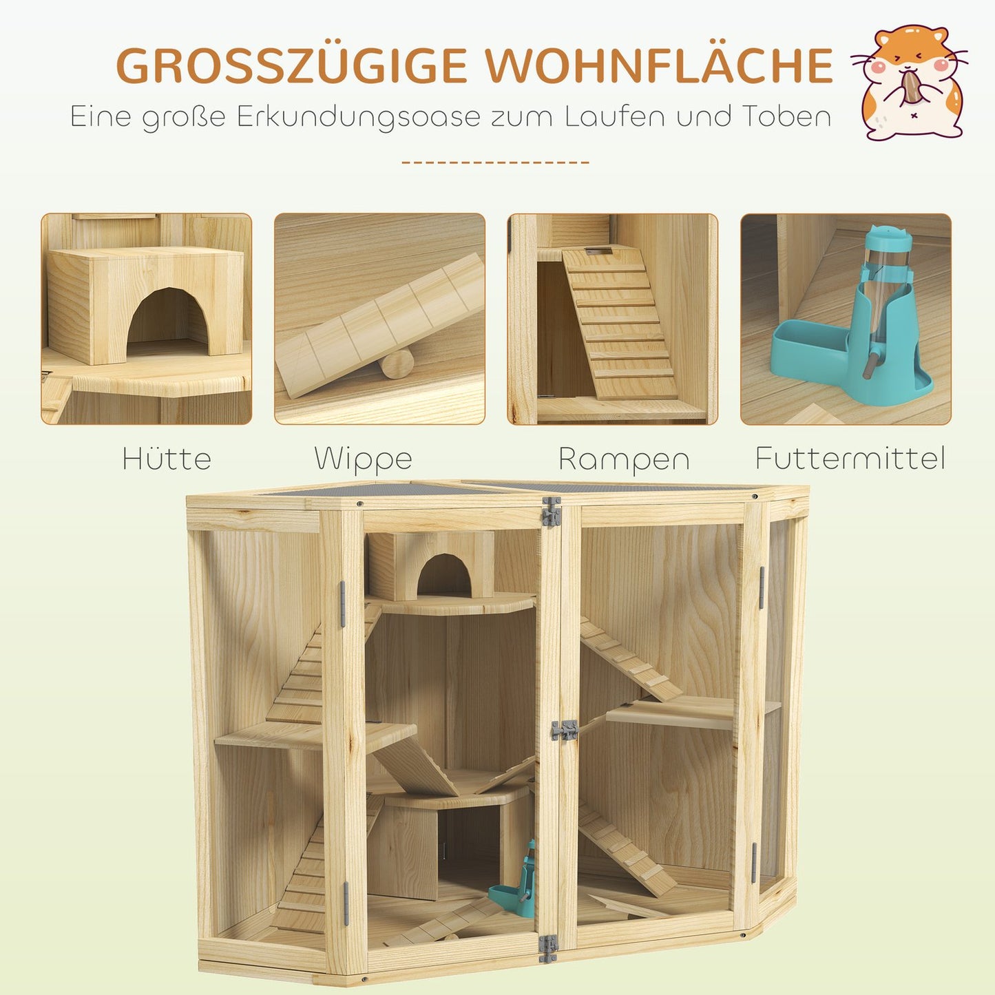 Wooden hamster cage with ramp and huts, 4 levels