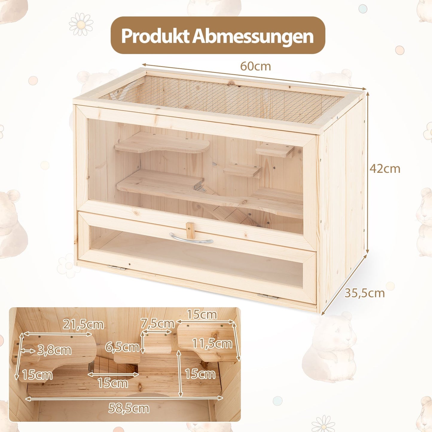 Wooden Hamster Cage with Mesh Lid & Multi-Ladders
