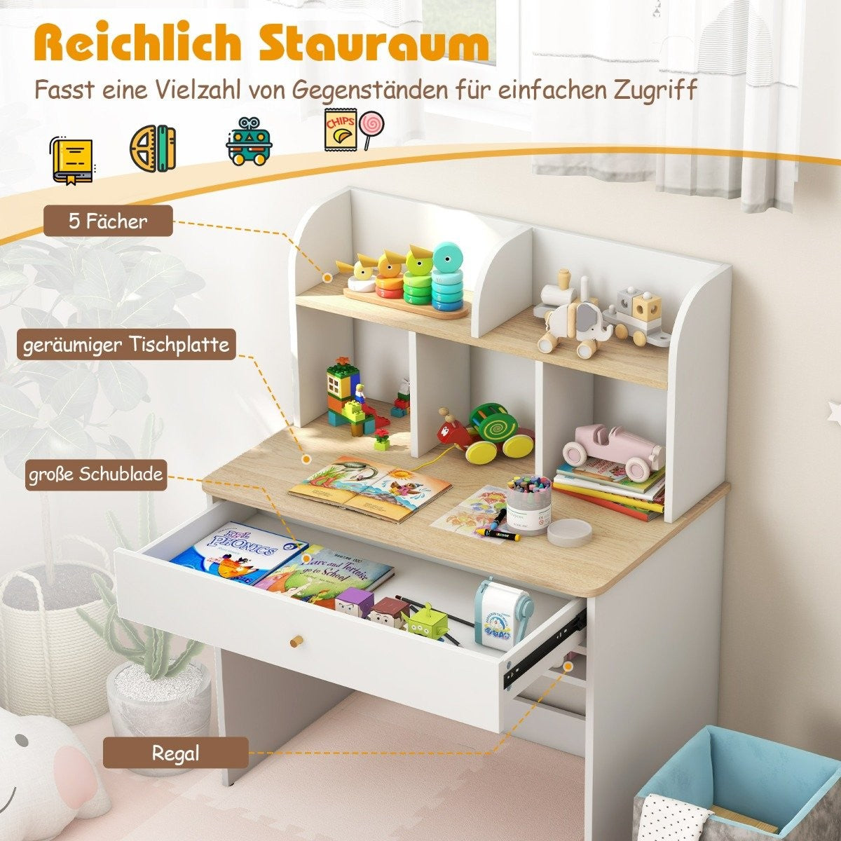 Wooden Kids Desk with Drawer and Storage Shelf