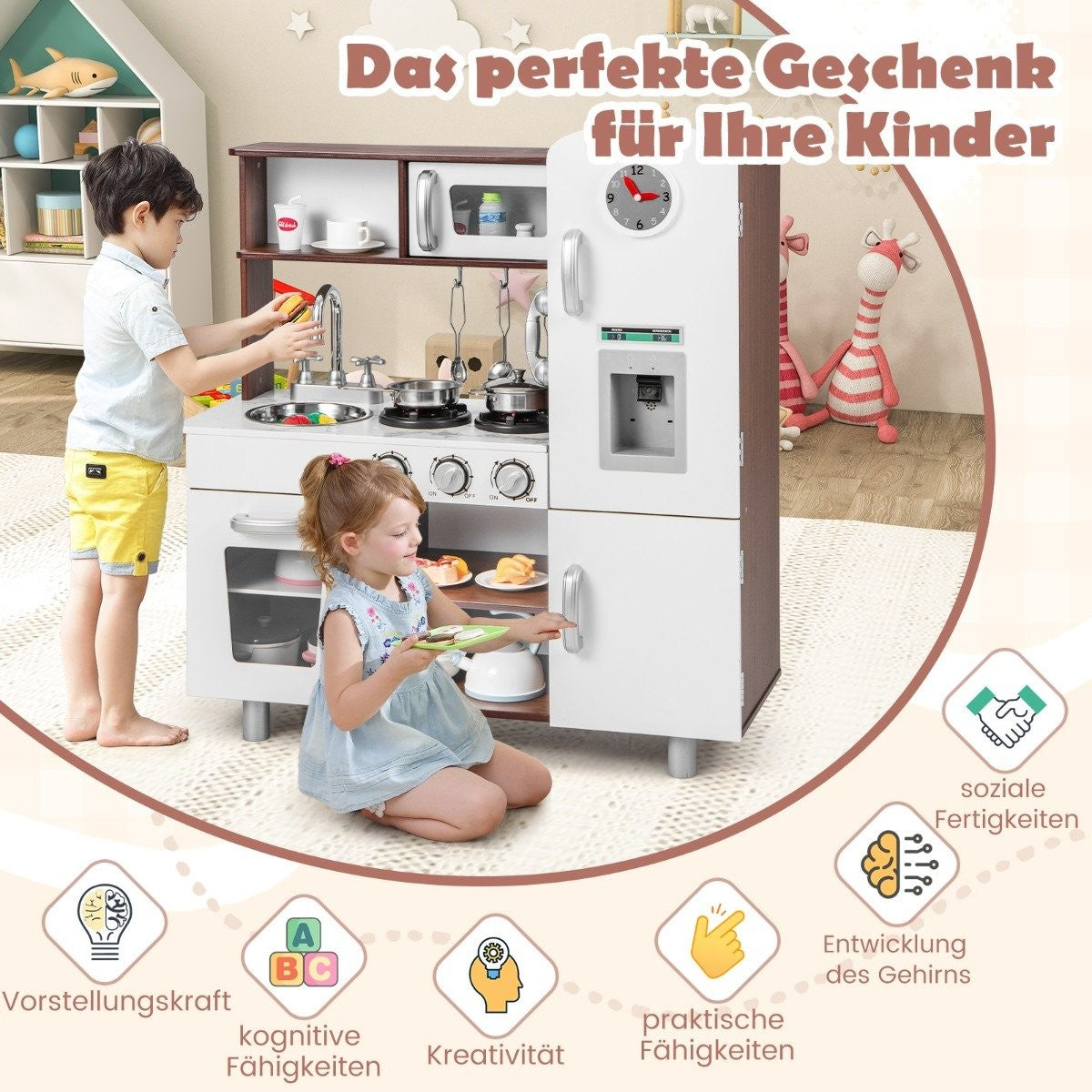 Wooden Kids Kitchen Set with Light, Sound, Oven & Utensils