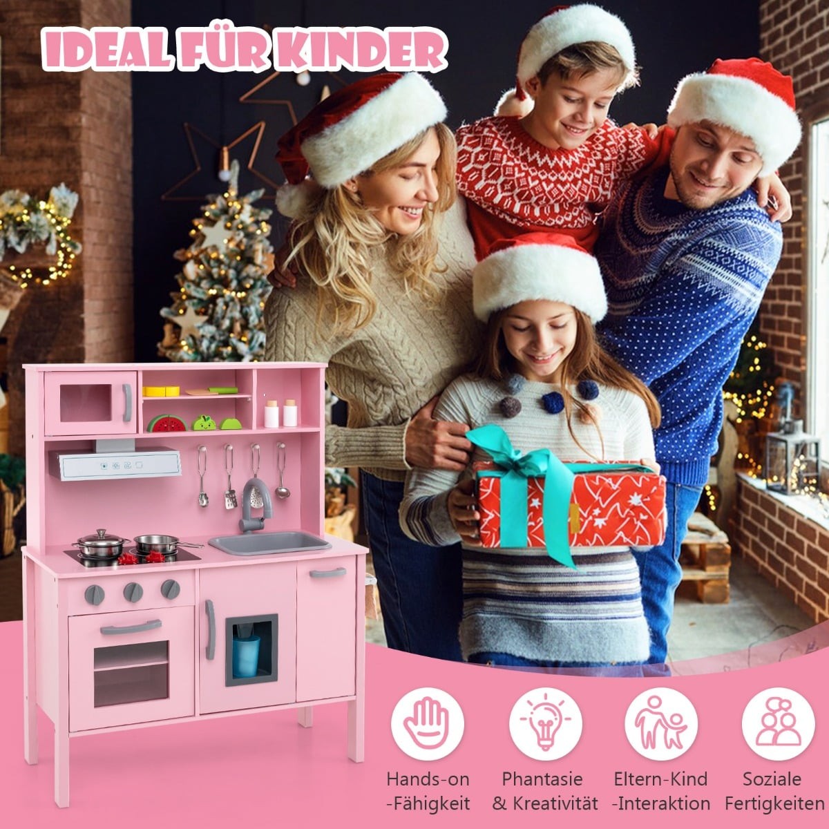 Wooden Kids Play Kitchen Set with Microwave, Pink, 72x30x90 cm