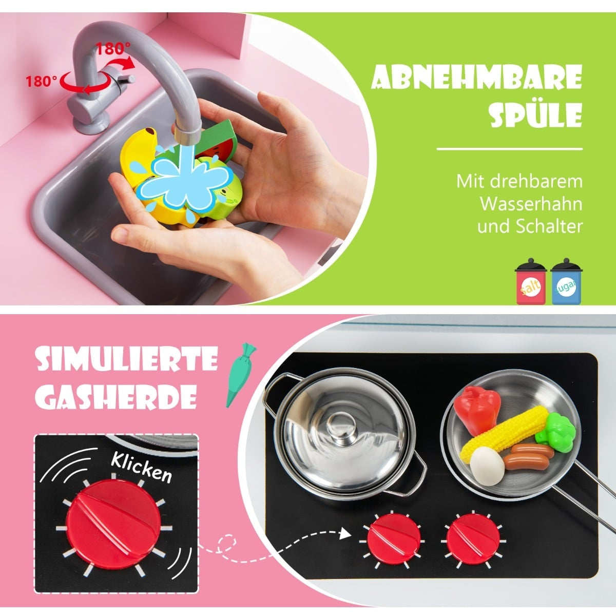 Wooden Kids Play Kitchen Set with Microwave, Pink, 72x30x90 cm