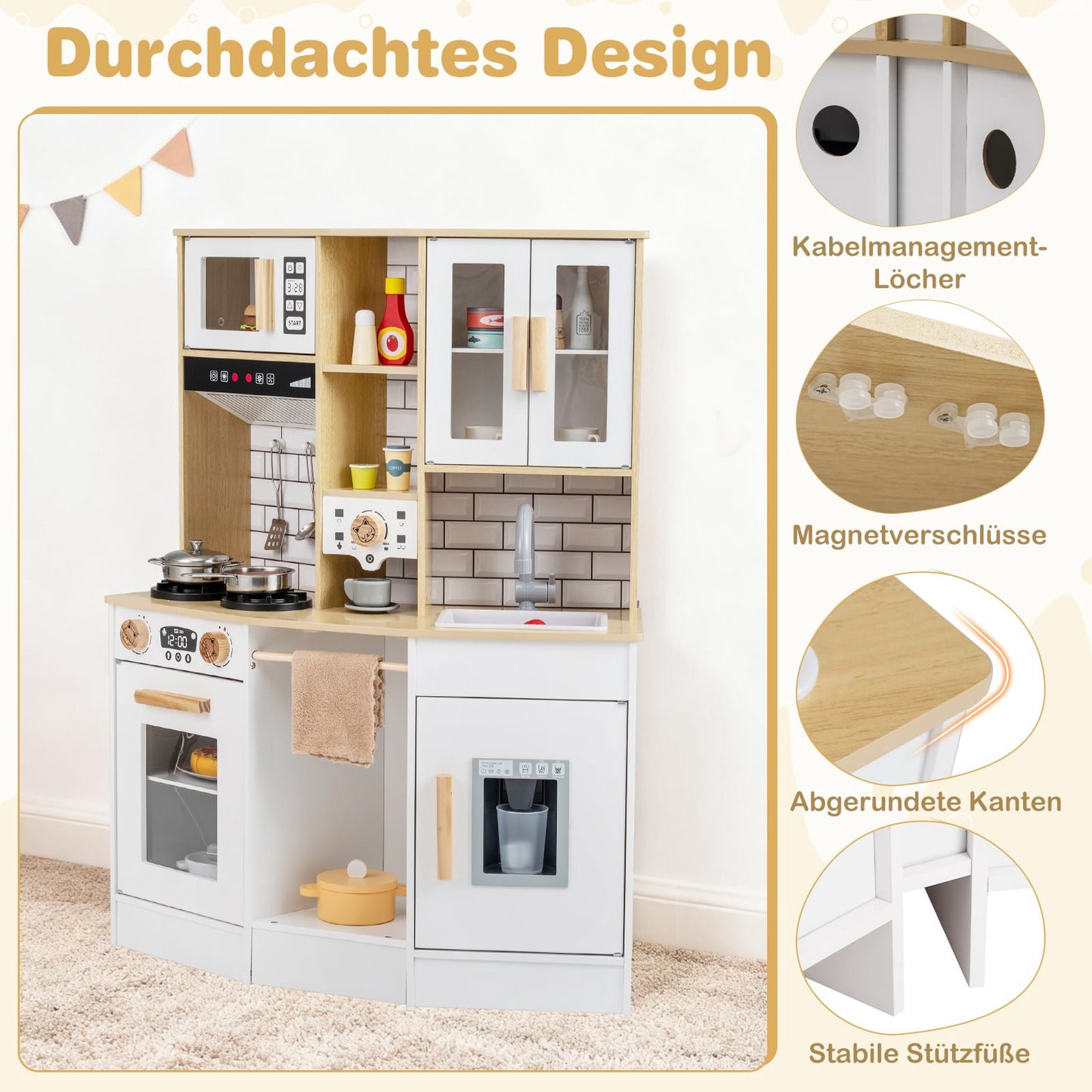 Wooden Kids Play Kitchen with Light, Sound, and Ice Maker