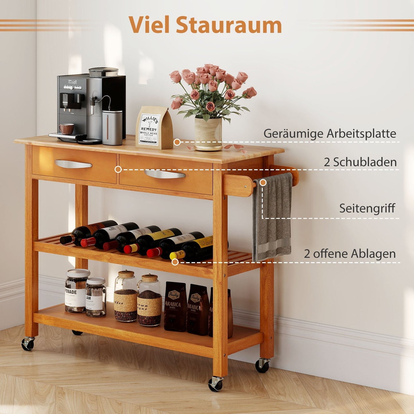 Wooden Kitchen Cart with Countertop, Drawers & Shelves