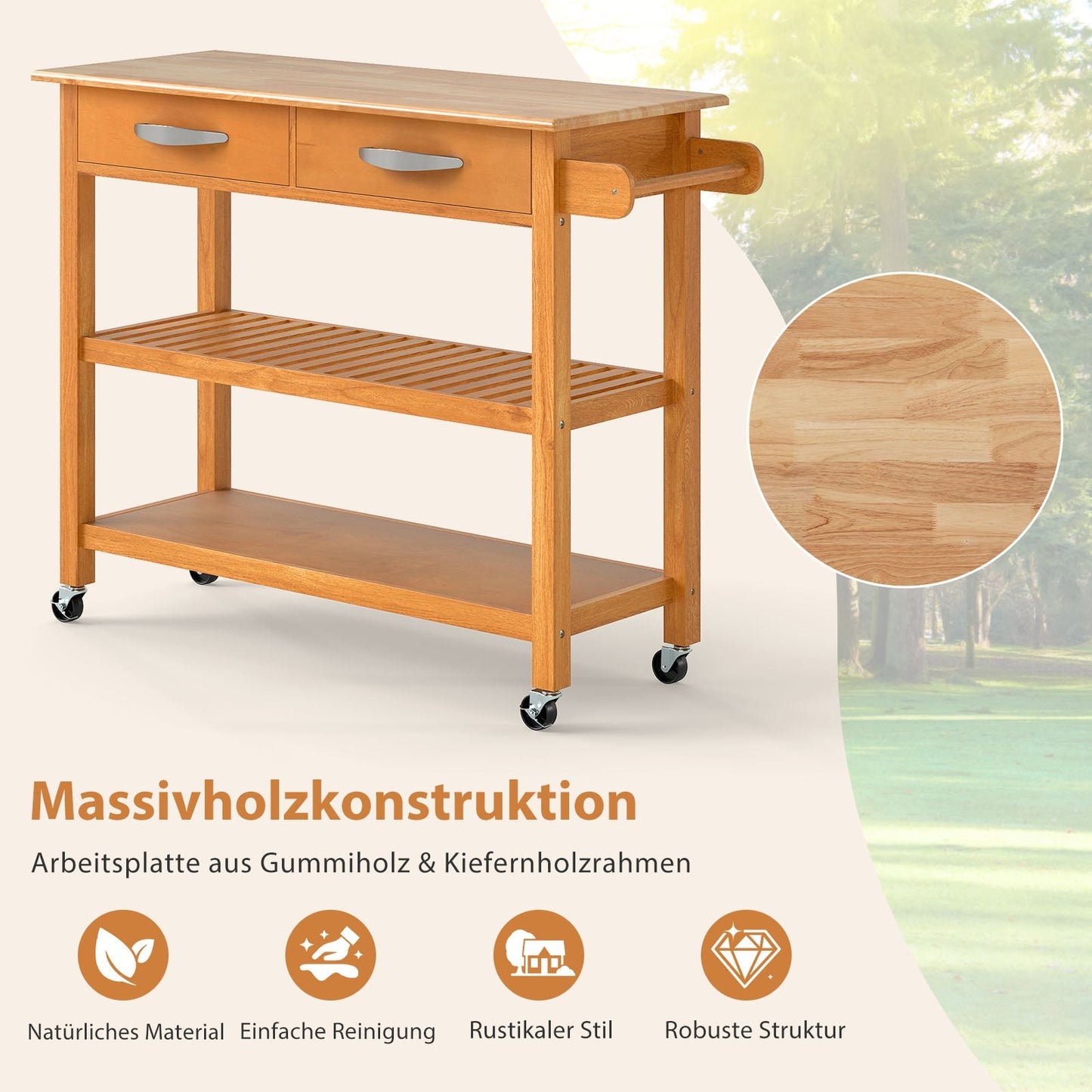 Wooden Kitchen Cart with Countertop, Drawers & Shelves