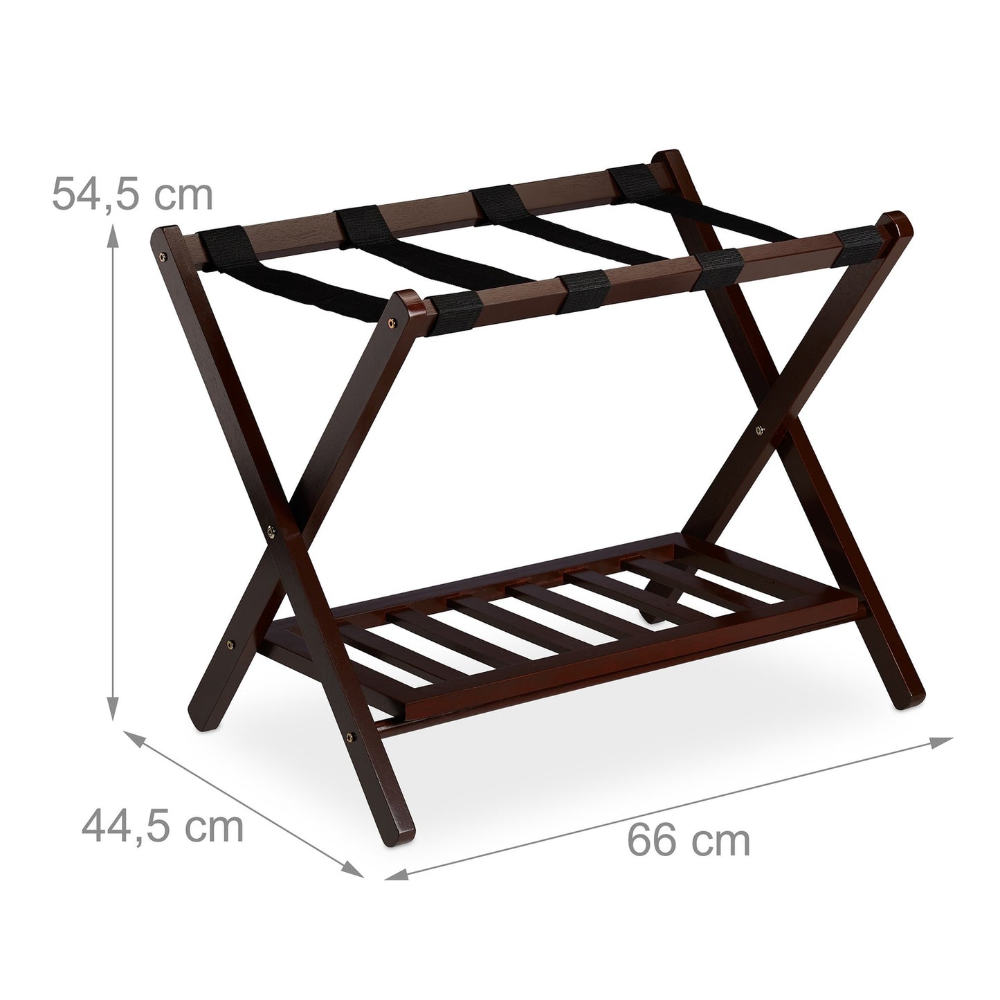 Folding wooden luggage rack with 2 shelves